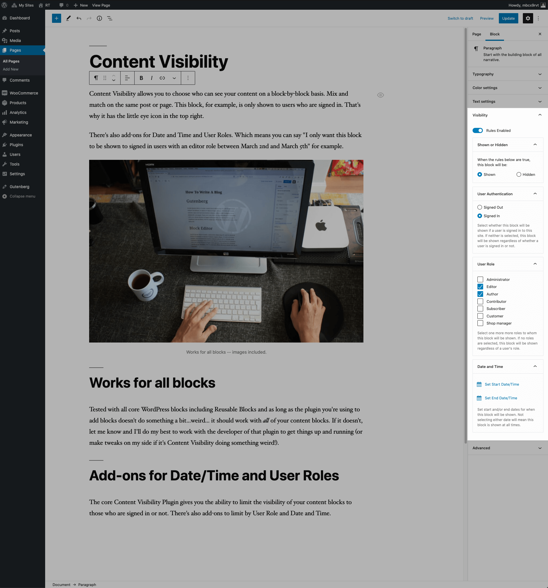 A screenshot of the WordPress content editor a part of the sidebar highlighted. The highlight contains extra controls for the selected paragraph which allows the content author to limit when and to whom the paragraph is shown.